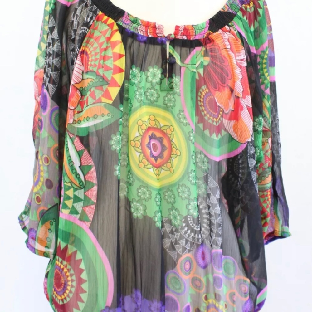 Desigual Betsy Sheer Smocked Colorful Medallion Print Top Blouse Size XL